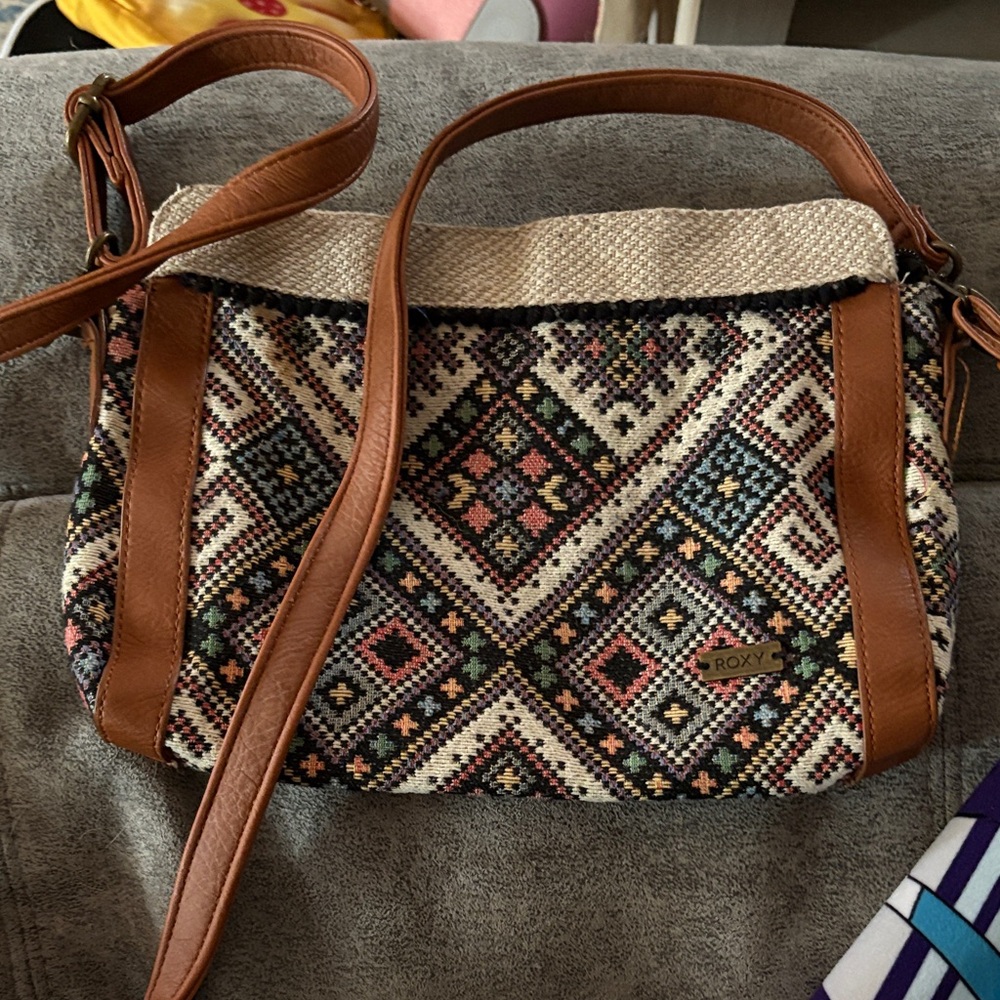 Roxy Geometric Multicolor Crossbody Bag with Tan Straps